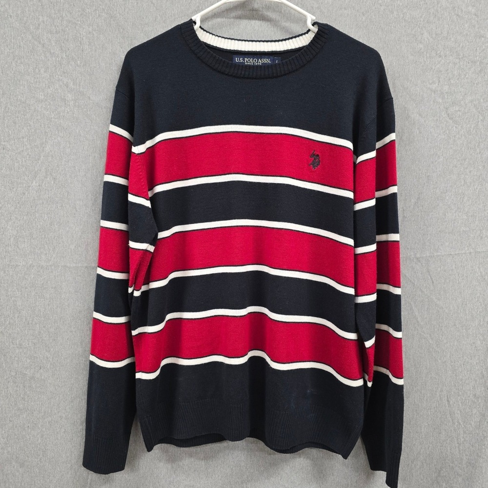 US Polo Assn Mens Striped‎ Crewneck Sweater Navy Blue Red White Large